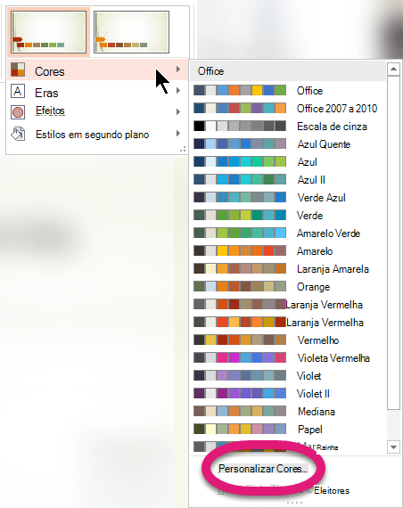 Na parte inferior do menu Cores, selecione Personalizar Cores