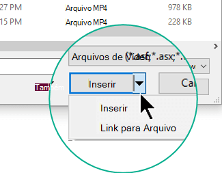 Na caixa de diálogo Inserir Vídeo, você escolhe entre Inserir (o que significa Inserir) ou Vincular ao Arquivo.