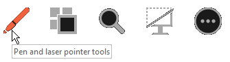 O botão Caneta é o botão mais à esquerda no conjunto de botões auxiliares abaixo dos slides no Modo de Exibição do Apresentador.