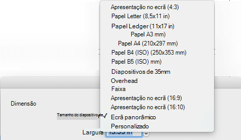 Há várias opções predefinidas de tamanho de slide na caixa de diálogo Configuração de Página