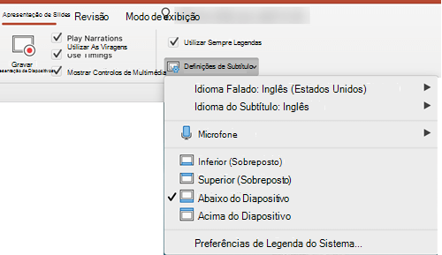As definições das Legendas estão no separador Apresentação de Diapositivos no PowerPoint.