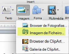 No separador Base do friso, em Inserir, clique em Imagem a partir de Ficheiro > .