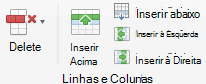Botões na faixa de opções para editar linhas e colunas da tabela