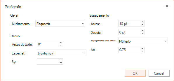 A caixa de diálogo Parágrafo tem opções para definir alinhamento horizontal, recuo na margem esquerda e espaçamento de linha.