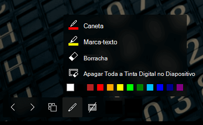 A barra de ferramentas da apresentação de slides, com o menu de tinta expandido
