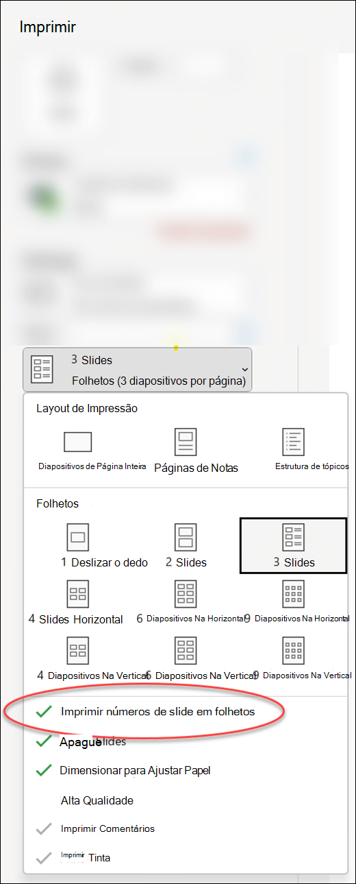 A caixa de diálogo Imprimir no PowerPoint mostrando a opção para imprimir números de slide em folhetos.