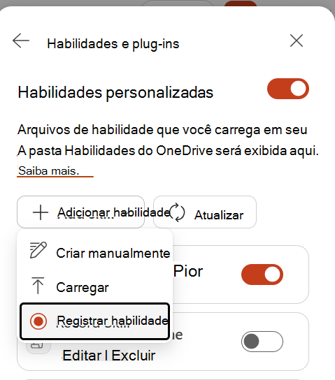 Captura de ecrã que mostra a seleção de Gravar Competência no menu Adicionar competência.