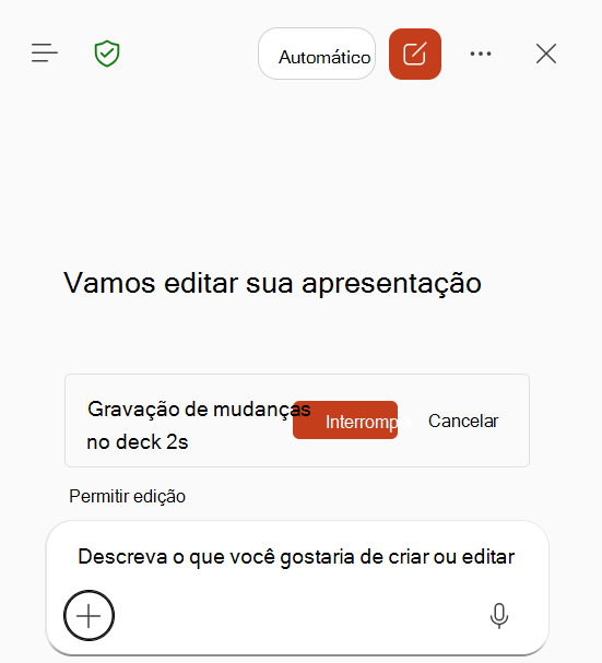 Captura de ecrã que mostra a gravação de competências em curso no Copilot no PowerPoint.