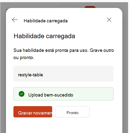Captura de ecrã que mostra a confirmação do carregamento da Competência após a gravação de uma competência.