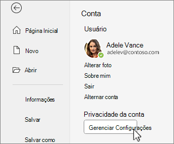 Informações da conta no backstage