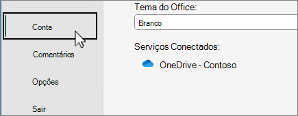 Item de menu Conta no backstage selecionado