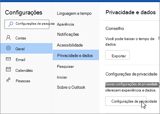 Configurações, geral, privacidade e menu de dados