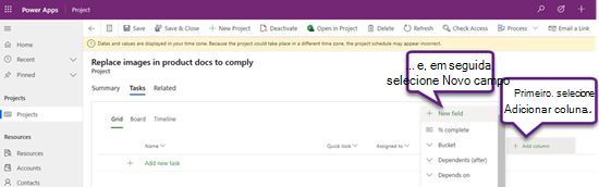 Adicionar um novo campo a um projeto aberto no Project Power App