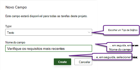 Nova caixa de diálogo de campo no Project Power App