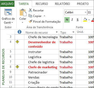 Planilha de recursos