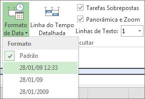 Botão e menu de Formato de Data da Linha do Tempo no Project