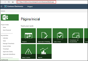 Localizar a URL do site do PWA para o site do PWA pagina inicial do Project Online.