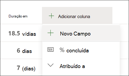 Captura de ecrã do Project a mostrar a opção Adicionar cabeçalho de coluna e a opção Novo campo