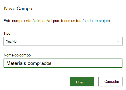 Captura de ecrã da caixa de diálogo Projeto de Novo campo a mostrar o Nome do campo preenchido