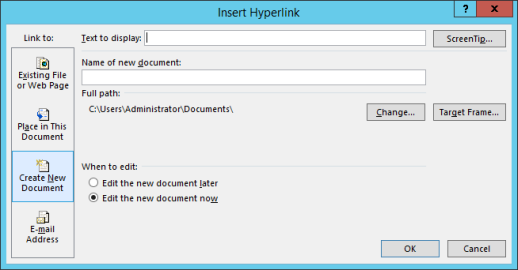 Criar um hiperlink para um novo arquivo