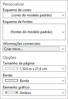 Captura de tela de seleções de opções e personalização do Publisher.