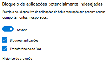 O controle de bloqueio de aplicativos potencialmente indesejados no Windows 10.