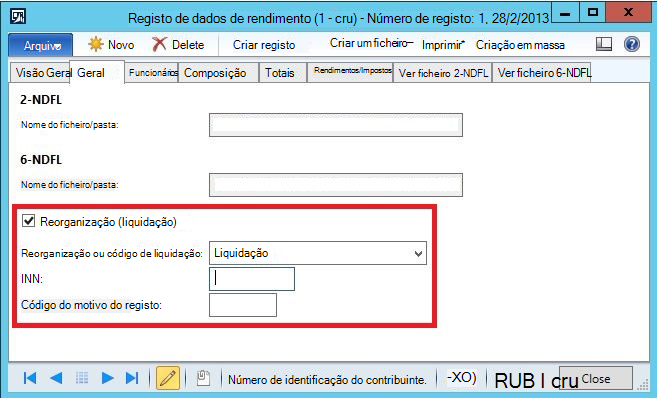 Dados de reorganização da empresa no registo de dados do Rendimento