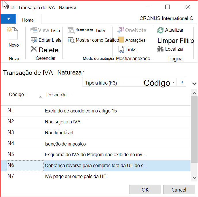 Captura de tela para a janela Natureza da Transação do IVA
