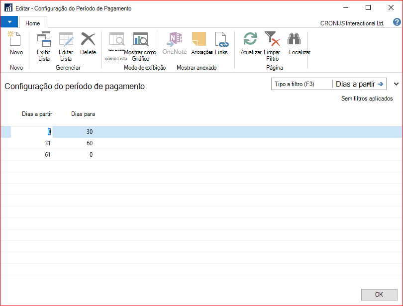 Captura de tela da configuração do período de pagamento