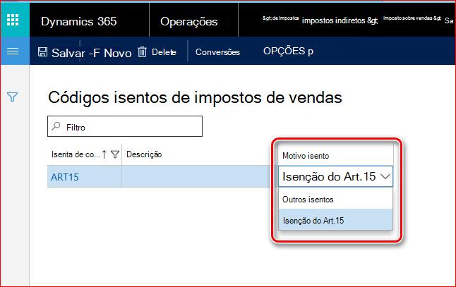 Esta imagem mostra os motivos de isenção fiscal das vendas.