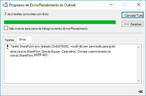 Captura de ecrã de um erro de envio e receção para Outloook.