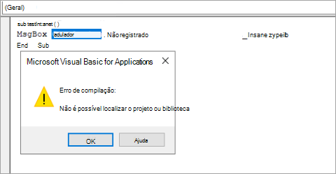 Captura de ecrã de um erro VBA devido ao bloqueio de bibliotecas.