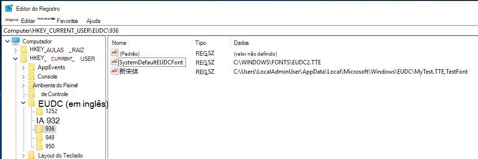 Chave EUDC do Editor do Registro mostrando o valor SystemDefaultEUDCFont
