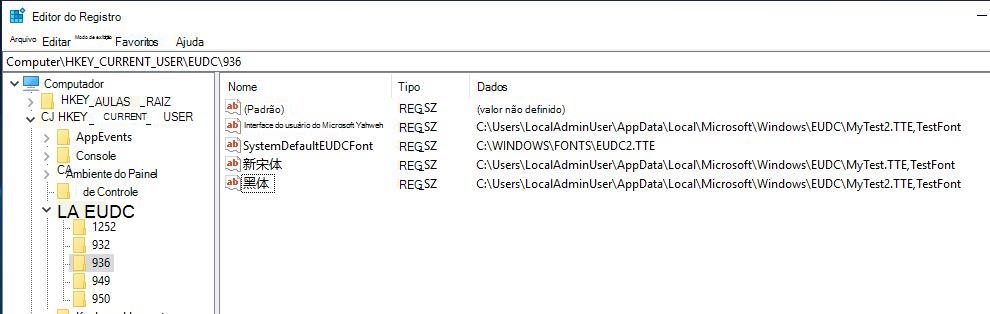 Chave EUDC do Editor do Registro mostrando várias entradas de fonte personalizadas