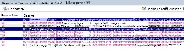 Resumo do Quadro do Monitor de Processo mostrando eventos TCP com sinalizadores de soma de verificação incorreta