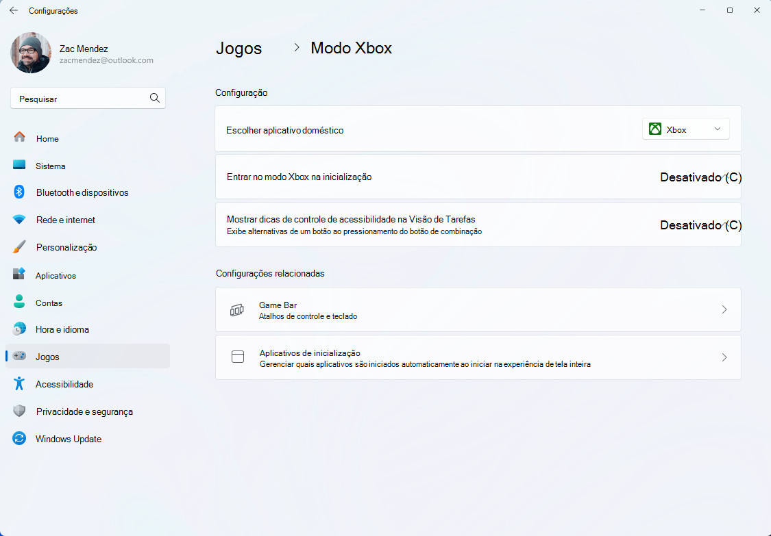 Captura de tela das configurações do dispositivo portátil