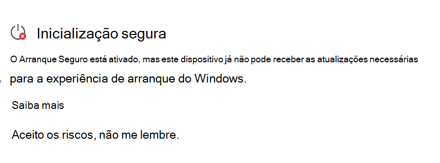 A seção Inicialização Segura mostrando o status Requer ação com um ícone de parada vermelho.