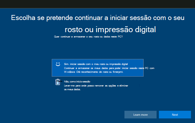 Tela de escolha de entrada do Windows 10 para reconhecimento facial ou de impressão digital