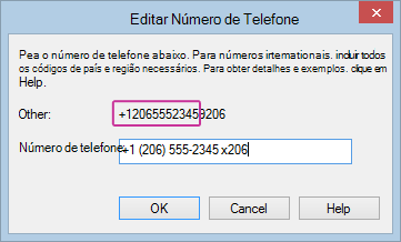 Número de telefone editado do Lync com ramal adicionado
