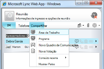 Menu Compartilhar do Lync Web App