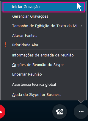 Durante sua reunião no Skype for Business, clique em Iniciar Gravação
