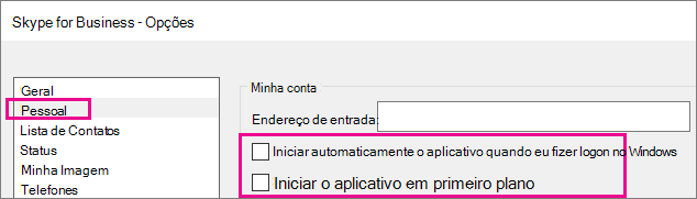 Escolha Pessoal e desmarque as opções para iniciar automaticamente.