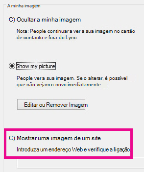 Seção de captura de tela da janela de opções Minha Imagem do Lync com a opção Selecionar Imagem do Site em destaque