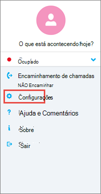 Tela Opções no Skype for Business para Android
