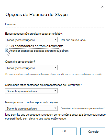 Diálogo de opções de reunião com aviso realçado quando as pessoas entram ou saem