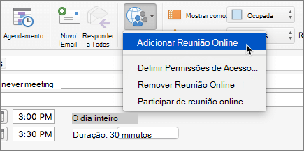 Captura de tela de um convite de reunião, com a opção Adicionar Reunião Online selecionada na Faixa de opções.