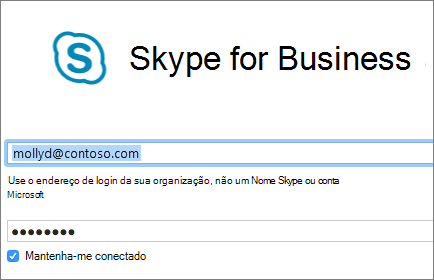 Captura de tela da página de entrada do Skype for Business.