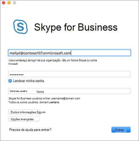 Tela de entrada do Skype for Business para Mac