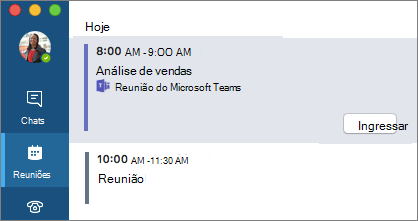 Reunião do Teams na guia Reuniões