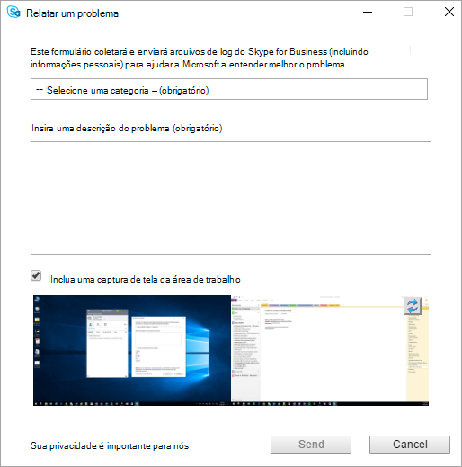 Caixa de diálogo Relatar um problema